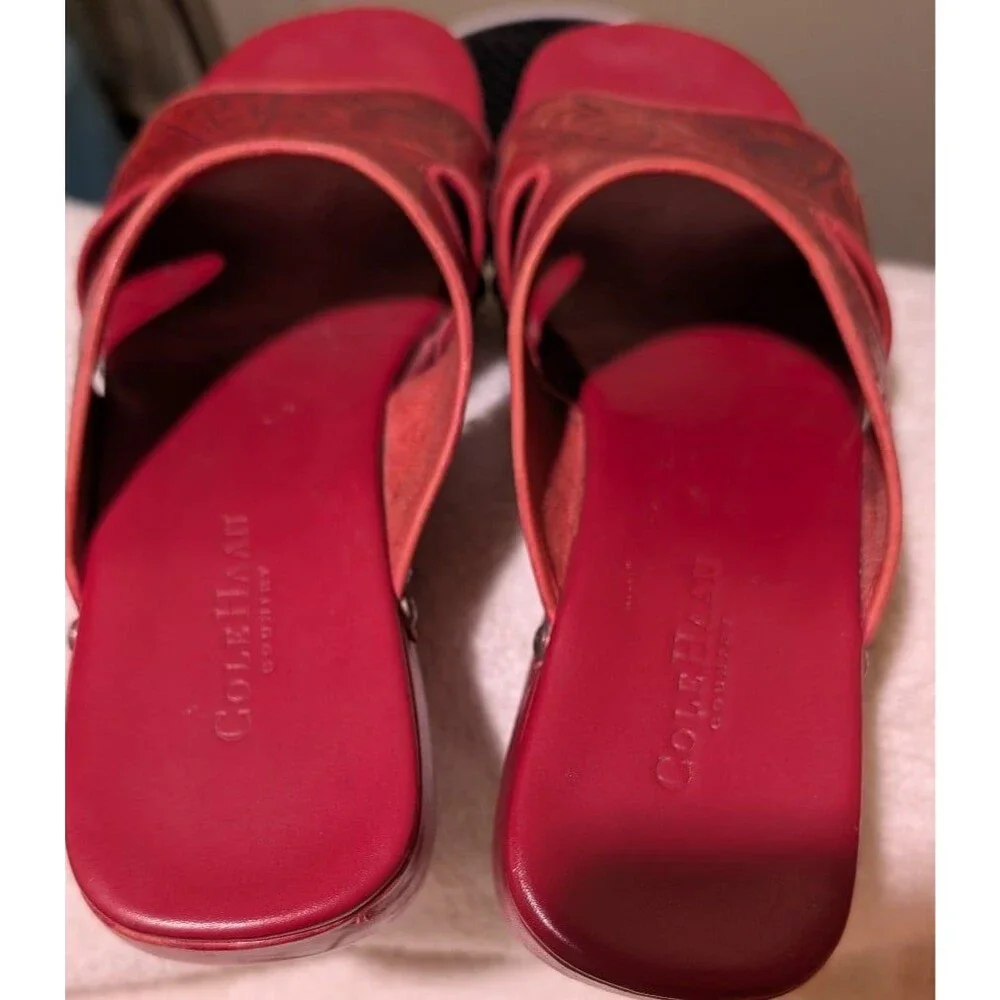 Cole Haan Country Red Tooling Leather Studded Platform Clogs Mules Sandals 8 AA